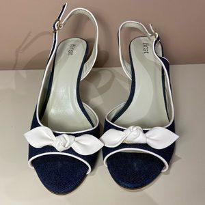 NEW FIRST 3” heels in JEAN with WHITE leather bow